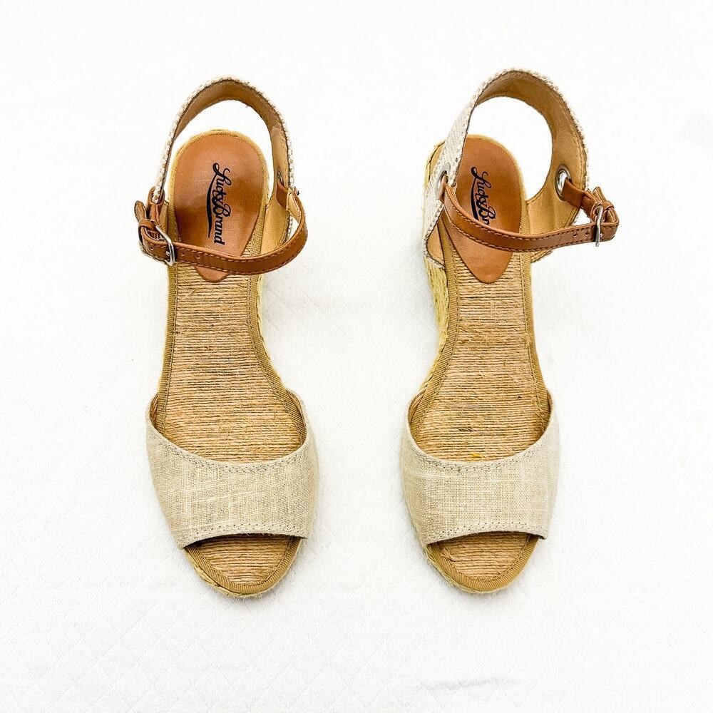 Lucky Brand Tan Brown Accent Wedge Straw Espadrille Slingback Sandal Size 10